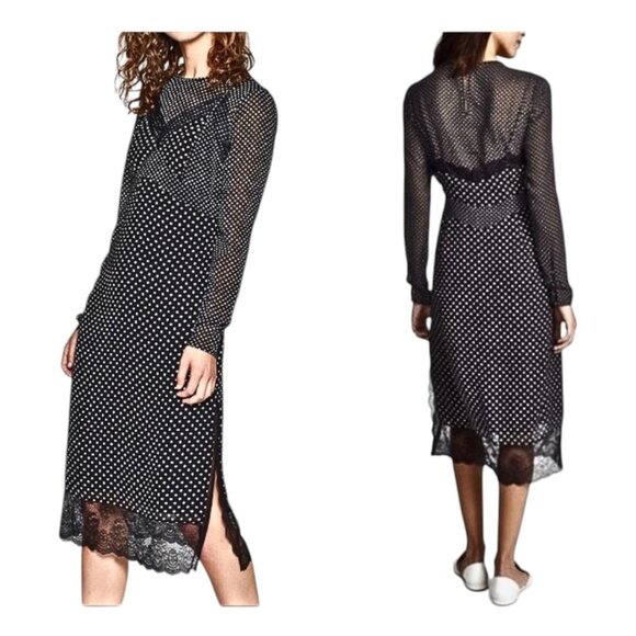 Joie Alamea Dot Mesh & Lace Midi Dress Black XS Long Sleeve NWT - Picture 1 of 16